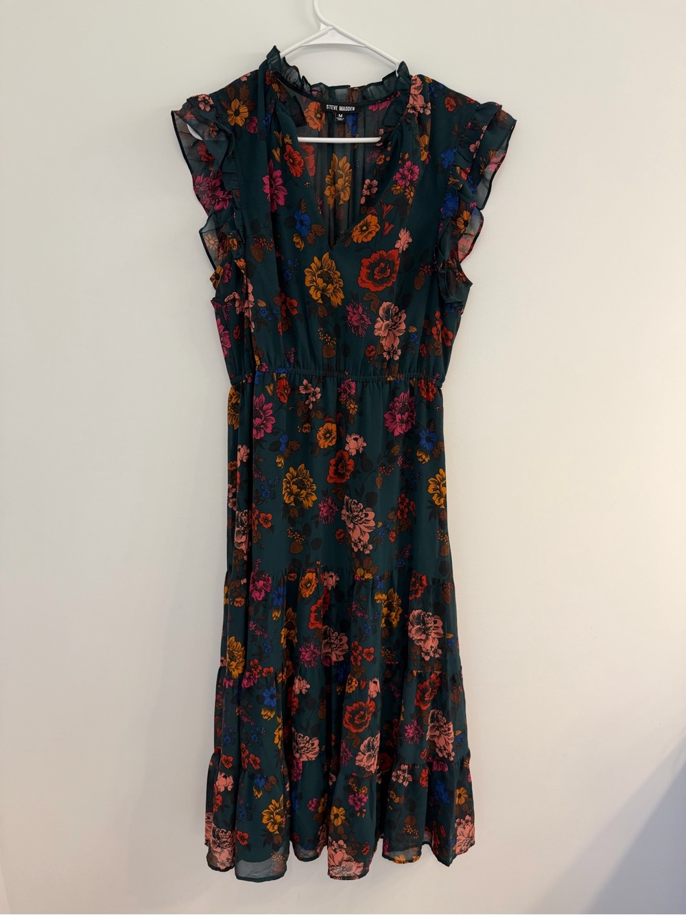 Steve Madden Teal Floral Ruffle Midi Dress